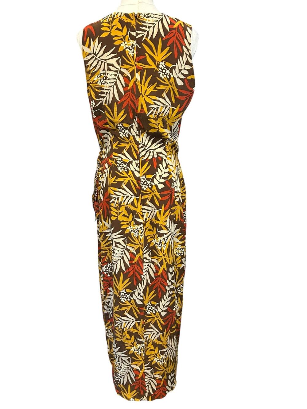 Maggy London Y2K 100% Silk Faux Wrap Midi Dress Boho Tropical Leaf Brown Size 10